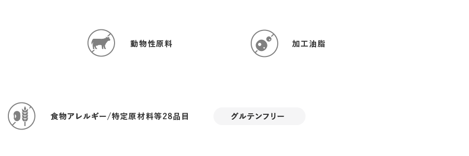 動物性原料・加工油脂・香料・保存料・着色料・食物アレルギー/特定原材料等28品目（グルテンフリー）
